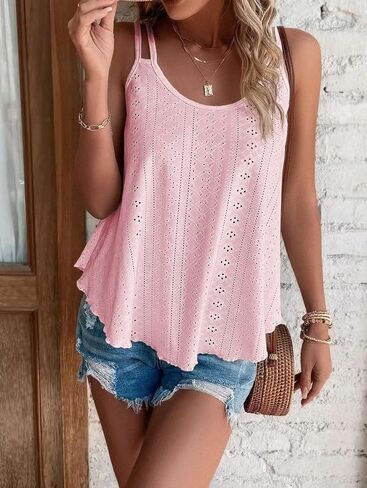 Summer Tank Tops Embroidery for Women Sleeveless Loose Fit Scoop Neck Casual Blouse Sexy Cute Cami for Womens Trendy in Saudi Arabia