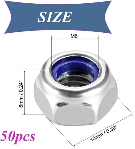 M6x1mm Nylon Lock Nuts,50pcs 304 Stainless Steel Nylon Insert Hex Lock Nuts for Industrial and Construction Fasteners in Kuwait