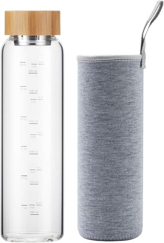 Glass Water Bottle 32 oz Wide Mouth with Sleeve Bamboo Lid 1 Litre Motivational Water Bottle With Time Marker Reusable Safe for Hot Cold Drinks Bpa Free (Gray) in Saudi Arabia