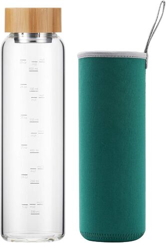 Glass Water Bottle 32 oz Wide Mouth with Sleeve Bamboo Lid 1 Litre Motivational Water Bottle With Time Marker Reusable Safe for Hot Cold Drinks Bpa Free (Gray) in Saudi Arabia