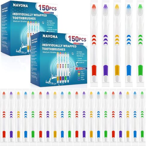 Navona 50 PCS Individually Wrapped Bulk Toothbrushes, Colorful Manual Disposable Toothbrushes for Adults or Kids, Ergonomics Handle, Medium Soft Bristles, Perfect for Travel, Hotel, Donation in Saudi Arabia