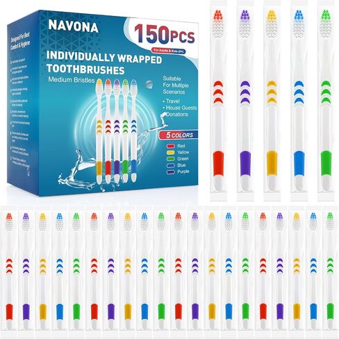 Navona 50 PCS Individually Wrapped Bulk Toothbrushes, Colorful Manual Disposable Toothbrushes for Adults or Kids, Ergonomics Handle, Medium Soft Bristles, Perfect for Travel, Hotel, Donation in Saudi Arabia