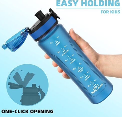 Kids Water Bottle with Spout Lid, 15oz BPA Free Tritan Lightweight Durable Leakproof, Fits Kids Hand Perfectly, with Time Marker, Lockable One Handed Flip Lid (Blue) in Saudi Arabia