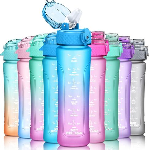 Kids Water Bottle with Spout Lid, 15oz BPA Free Tritan Lightweight Durable Leakproof, Fits Kids Hand Perfectly, with Time Marker, Lockable One Handed Flip Lid (Blue) in Saudi Arabia