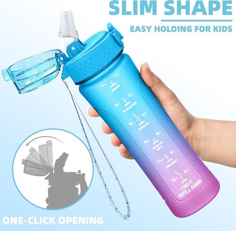 Kids Water Bottle with Spout Lid, 15oz BPA Free Tritan Lightweight Durable Leakproof, Fits Kids Hand Perfectly, with Time Marker, Lockable One Handed Flip Lid (Blue) in Saudi Arabia