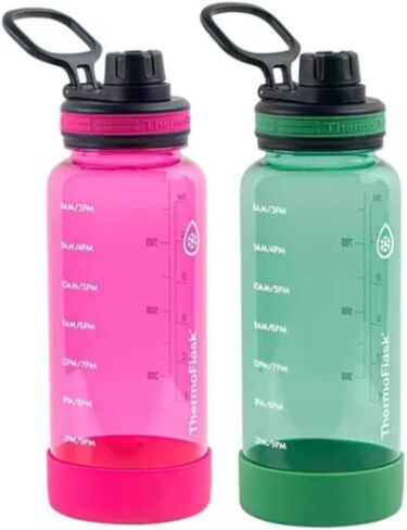 Thermoflask Premium Quality Motivational Water Bottle with Straw Lid with Times to Drink, BPA Free Tritan Plastic, 32 Ounce, 2-Pack, Orchid/Jadite in Kuwait