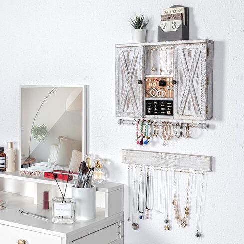 Tektalk منظم مجوهرات معلق على الحائط، حامل مجوهرات خشبي معلق، صندوق مجوهرات للقلائد والأقراط والأساور والخواتم - أبيض in Kuwait