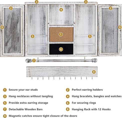 Tektalk منظم مجوهرات معلق على الحائط، حامل مجوهرات خشبي معلق، صندوق مجوهرات للقلائد والأقراط والأساور والخواتم - أبيض in Kuwait