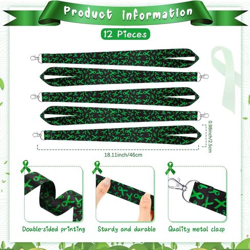 12 Pieces Mental Health Awareness Lanyard Green Ribbon Key Lanyard Green Ribbon Awareness Keychain ID Badge Holder Green Key Lanyard for Women Men Teacher, 0.98 x 18.11 Inches in Saudi Arabia