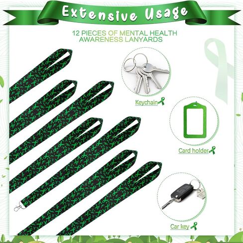 12 Pieces Mental Health Awareness Lanyard Green Ribbon Key Lanyard Green Ribbon Awareness Keychain ID Badge Holder Green Key Lanyard for Women Men Teacher, 0.98 x 18.11 Inches in Saudi Arabia