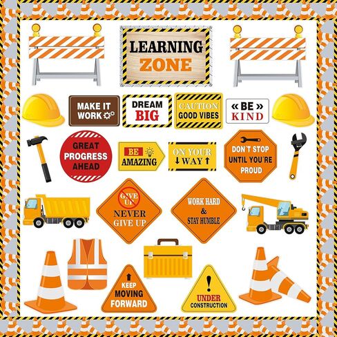 53 Pcs Construction Bulletin Board Decorations Learning Zone Construction Theme Classroom Decor Motivational Construction Paper Cutouts for First Day of School Classroom Bulletin Board Wall in Saudi Arabia