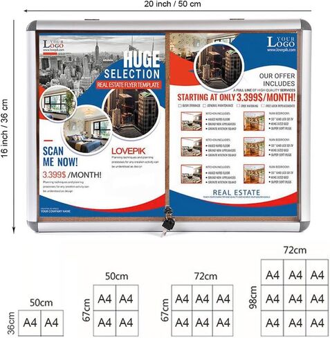 حقيبة عرض مغلقة بلوحة الفلين قابلة للقفل من MAKELLO مع 3 مفاتيح مطابقة للداخل، إطار من الألومنيوم الفضي، 20x16 بوصة (2xA4) in Kuwait
