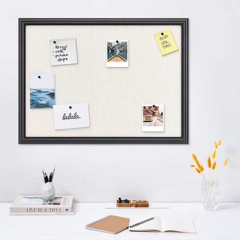 Navaris Framed Linen Bulletin Board - 17 x 23 inches Fabric Jewelry Organizer Pinboard for Wall Memory Memo Pin Board - Natural Linen with Pink Frame in Saudi Arabia