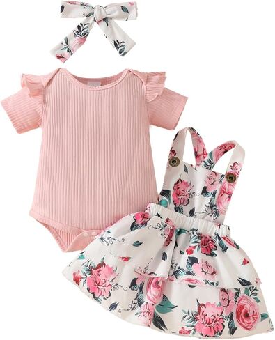 Infant Newborn Baby Girl Clothes Ribbed T Shirt Tops Romper Floral Strap Skirt Dress Toddler Summer Outfits Set in Saudi Arabia