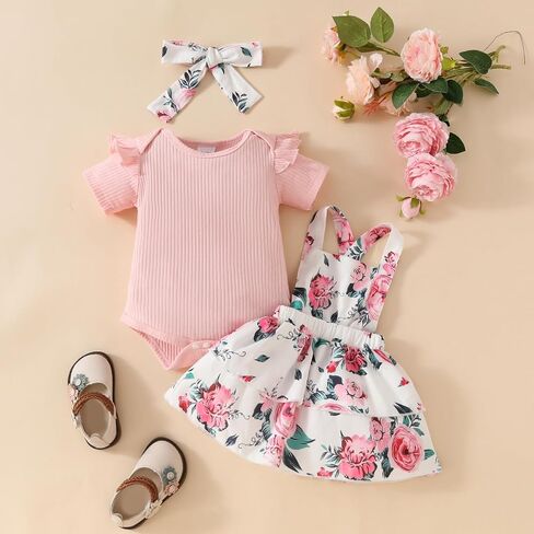 Infant Newborn Baby Girl Clothes Ribbed T Shirt Tops Romper Floral Strap Skirt Dress Toddler Summer Outfits Set in Saudi Arabia