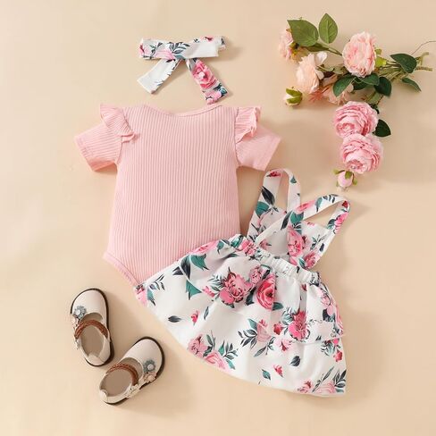 Infant Newborn Baby Girl Clothes Ribbed T Shirt Tops Romper Floral Strap Skirt Dress Toddler Summer Outfits Set in Saudi Arabia