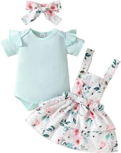 Infant Newborn Baby Girl Clothes Ribbed T Shirt Tops Romper Floral Strap Skirt Dress Toddler Summer Outfits Set in Saudi Arabia