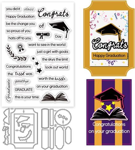 Happy Graduation Clear Stamps and Dies for Card Making DIY Metal Frame Die Cuts Grad Congrats Words Silicone Stamps Star Die Cuts hat Transparent Stamps for Craft Scrapbooking Decor in Saudi Arabia