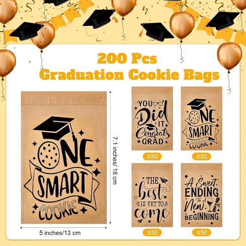 200 Pcs Graduation Cookie Bags Bulk Self Adhesive Kraft Paper Favor Bags Grad Food Safe Oilproof Brown Paper Bags One Smart Cookie Bags for Graduation Party Bakery Coffee Bean Snack in Saudi Arabia