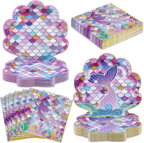 durony 72 Pieces Mermaid Ocean Party Supplies Set Disposable Mermaids Tableware with Dinner Plates Dessert Plates Napkins Mermaid Birthday Decorations for Girls Birthday Ocean Party Serve for 24 in Saudi Arabia