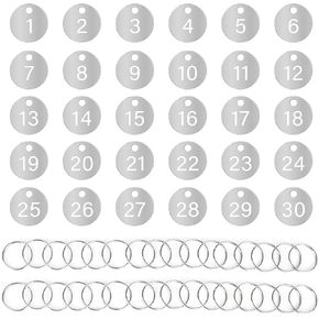 Number Tags 1-30, Dedoot Hollow Numbered Steel Tags with Ring Numbers Key Tags for Dormitory House Lockers, 23mm Diameter, Silver
