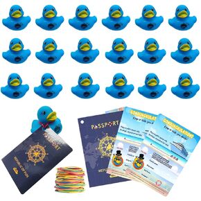 Duck Tags for Cruising, Ducking Games Card, 20 Pack Cruising Tags, 20 Blue Rubber Ducks, 20 Rubber Bands, Cruising Pass-Port Design Tags