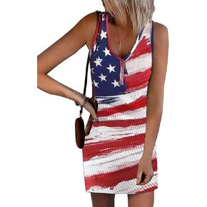Ameircan Flag Ribbed Tank Mini Dress Women 4th of July Patriotic V Neck Button Henley Beach Sleeveless Dresses