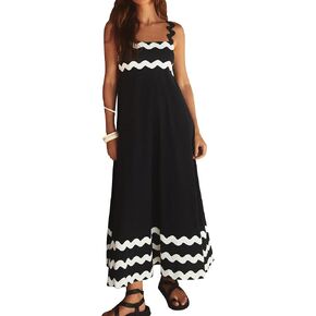 ODIZLI Women's Summer Spaghetti Straps Sleeveless Smocked Sundresses Rickrack Trim Ruffle Long Maxi Dress Sundress