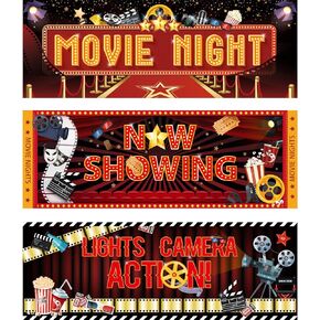 3 Pcs Movie Night Party Decorations Movie Theme Backdrop Movie Banner Theater Now Showing Lights Camera Action Sign Red Carpet Photography Background for Home Film Party Supplies 38''x 14''