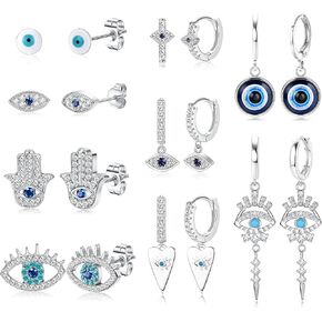 Sanfenly 9 Pairs Evil Eye Earrings for Women 14k Silver Gold Plated Evil Eye Huggie Hoop Dangle Earrings and Stud Earrings Set Dainty White Blue Cubic Zircon Eye Earrings