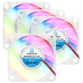 WINSINN 60mm RGB Fan 5V, LED Colorful Micro 5 Volt Fans 6010 Hydraulic Bearing, Brushless Cooling 60x10mm 2PIN, Works with 3D Printer/Computer/Notebook/PC Case/Router/TV Box (Pack of 4Pcs)