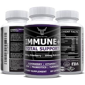 OX Nutrition 10 in 1 Elderberry, Vitamin C, Zinc, Vitamin E, Vitamin B6, Echinacea, Garlic, Turmeric, L-Glutamine HCL & Lactobacillus Probiotics & Antioxidants for Immune Defense 1 Month Supply