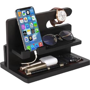 Wood Phone Docking Station Gifts for Men, Bedside Organizer Charger Holder for Nightstand, Watch Key Holder Wallet Stand for Husband Dad Boyfriend Anniversary Birthday Gift, Brown