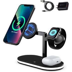 3 in 1 Aluminum Alloy Magnetic Wireless Charger Station for Magsafe Charger Stand Sdxps Fast Wireless Charging Station for iPhone 15 14 13/12 Series Apple Watch Airpods with LED Lamp 18W Adapter Black