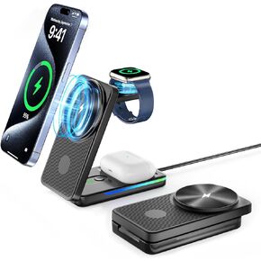 3 in 1 Wireless Charging Station with Magsafe Charger Stand, Foldable Magsafe Charger for iPhone 15 Pro Max/14/13/12, Foldable Charger 3 in 1 for Apple Watch/AirPods