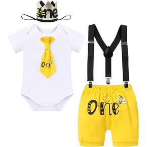 ODASDO Baby Boy Bee Theme First Birthday Cake Smash Outfit Romper Suspenders Shorts Headwear 4pcs Set