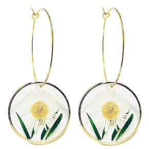 Pressed Flower Earrings, Trendy White Daisy Earrings, Handmade Cute Thin Hoop for Women Girls, Women’s Dangle Drop Earrings, Real Gold Plated Hypoallergenic