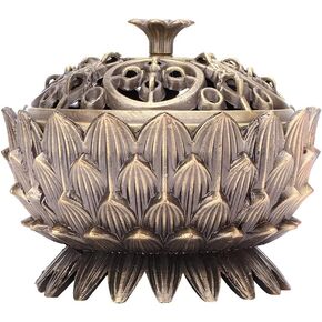 Vintage Incense Burner, Lotus Burner Holder, Buddha Alloy Metal Holder Handmade Censer Bowl Buddhist Decor Zinc Sandalwood for Office Home Feng Shui Decoration Meditation(Gold)
