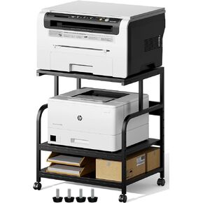 Warmiehomy 24x24 inches Printer Stand with Adjustable Storage Shelf - Large Printer Table with Wheels - 3 Tier Rolling Cart - Use for 3D, Laser, Mini Fridge, Home Office (Black)