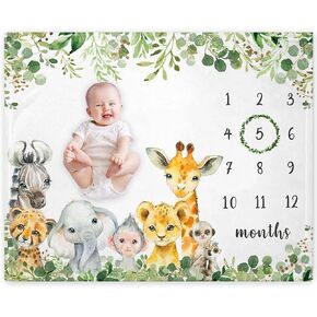 Safari Animals Milestone Blanket, Jungle Baby Growth Chart Monthly Blanket, Watch Me Grow Jungle Wild Baby Nursery for New Moms Baby Shower(50"x40")