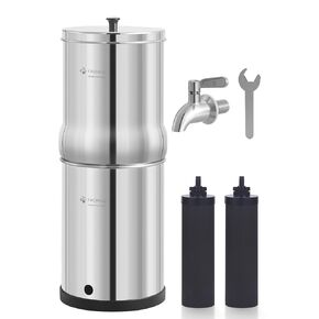 Gravity-Fed Water Filter System, NSF/ANSI 42&372 Standard, 3.25G Stainless-Steel Countertop System with 2 Black Elements, 2 Fluoride, Metal Water Level Spigot, Reduces Fluoride and Chlorine