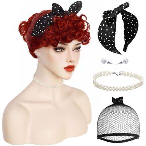 شعر مستعار برتقالي من JoneTing، + 1 قبعة شعر مستعار + 1 عصابة رأس + 1 أقراط + 1 قلادة، شعر مستعار ربة منزل في الخمسينيات للنساء زي شعر مستعار بني مجعد للنساء لحفلات الهالوين in Kuwait