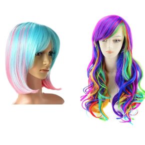 AGPTEK Multi-Color Ombre Short Bob Wig Bundle with 27.5 Inches Full Long Curly Rainbow Hair Wig, for Costume Cosplay Party Halloween - Harajuku Lolita Style Heat Resistant