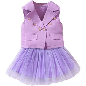 WDIRARA Toddler Girl's 2 Piece Outfit Double Button Blazer Vest and Mesh Pleated Skirt Set