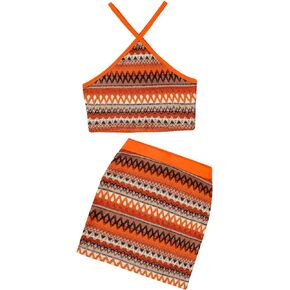OYOANGLE Girl's 2 Piece Outfit Boho Geo Print Crisscross Halter Crop Top and Short Skirt Set