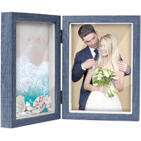 Double Picture Frames 5x7 Blue Hinged Picture Frame Foldable Box Frame 5x7 Display Case Farmhouse Decor Gift for Birthday, Anniversary, Mother's Day