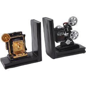 One Pair Shelf Book Ends, Home Decorative Camera and Projector Vintage Design Resin Bookshelf Bookends, Movie Projector Designed Resin Bookend Decoration for Study Home Office Gifts Decoration