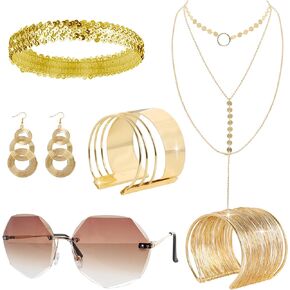 6 Pieces 70s Gold Disco Accessories Set for Women 1970s Disco Costume Accessory Dangle Earrings Layered Necklace Bangle Bracelets Diamond Glasses Sequin Headband for Party Halloween Cosplay