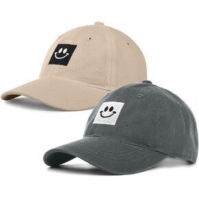 2 Pack Smiley Face Baseball Cap for Women Men,Adjustable Washed Cotton Low Profile Dad Hat