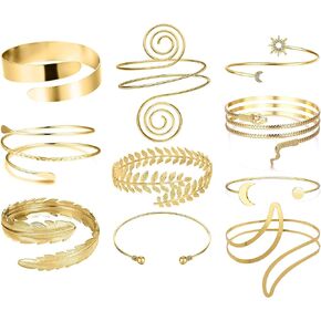 RIOSO 10 Pieces Gold Arm Cuff Upper Arm Band Cuff Bracelets Adjustable Bangle Armband for Women Arm Accessories Jewelry